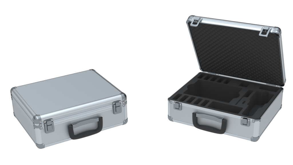 A silver color closed hard carry case and an open hard carry case with a foam cutout inside.